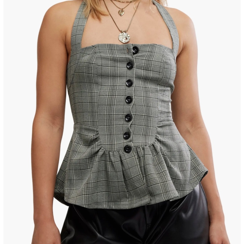 Free People Anastasia Plaid Peplum Halter Top Size S